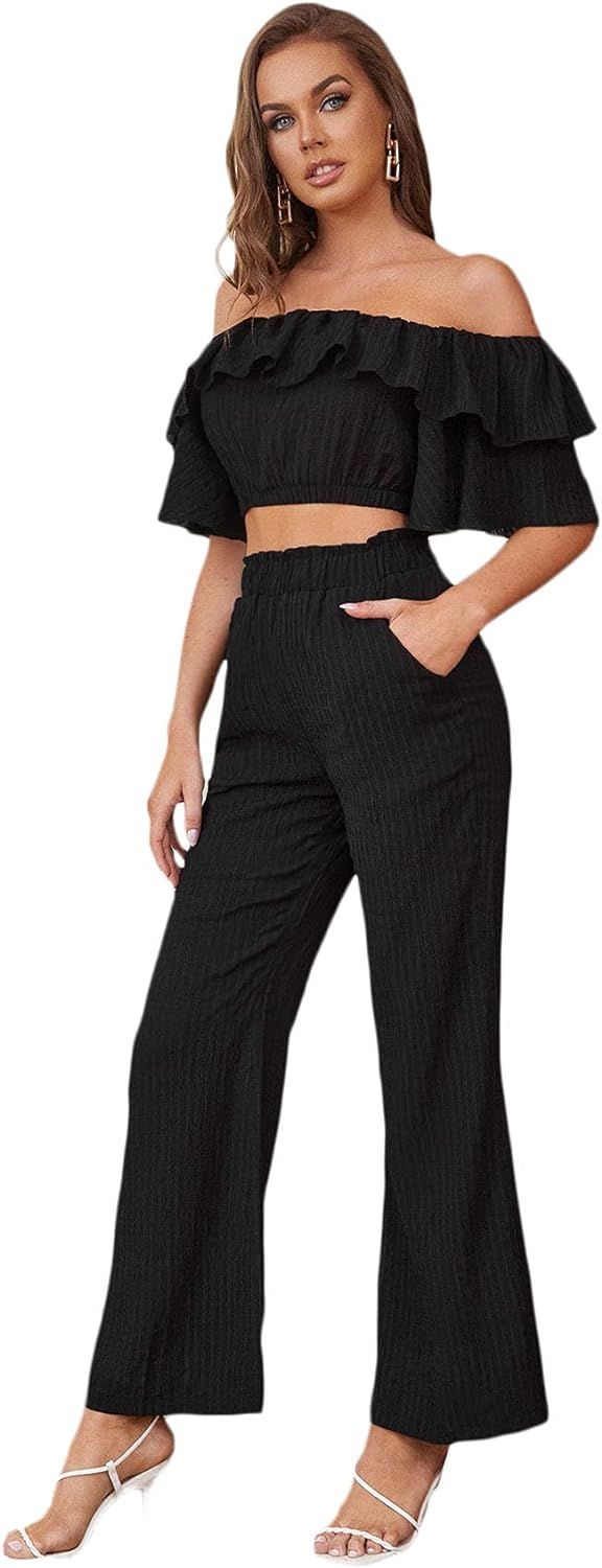 Floerns Women's Off Shoulder Crop Tops Paperbag Waist Pants Two Piece Outfit Set | Amazon (US)