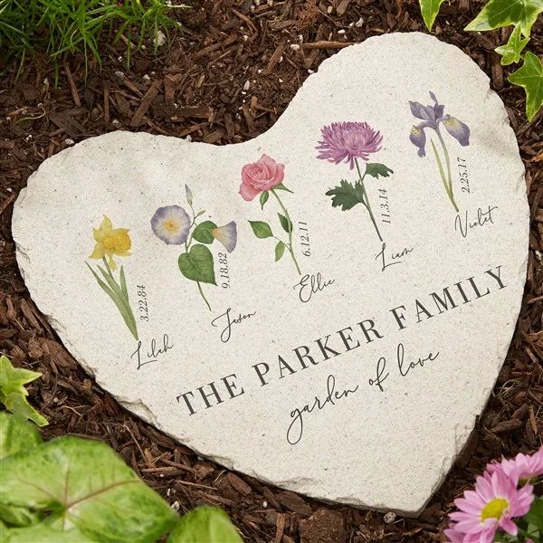 Birth Month Flower Personalized Heart Garden Stone - 9x10 | Personalization Mall