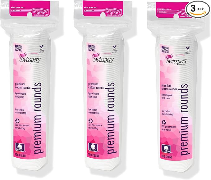 Swisspers Premium Cotton Rounds, Dual Sided Pads - 100 Pads (Pack of 3) - 100% Pure Chlorine-Free... | Amazon (US)