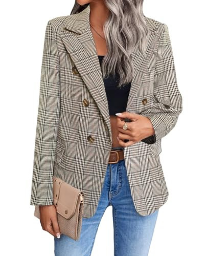 Tan Blazer Jacket for Women Brown Camel Fall Winter Houndstooth Plaid Checkered Long Blazers Jackets Coats | Amazon (US)