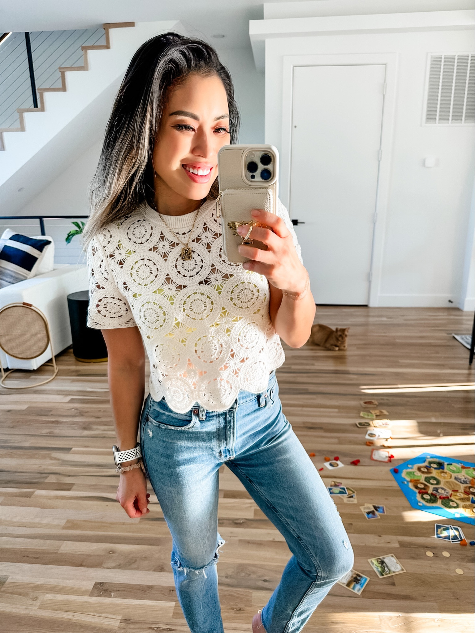 Love this crochet top for casual days at home or running errands. Wore a bright highlighter yellow bra from Ugg underneath just for a pop of color and fun!  

Top: XS (TTS)
Bra: XS (TTS)
Jeans: 24 short (TTS )

#LTKstyletip #LTKFind #LTKunder100