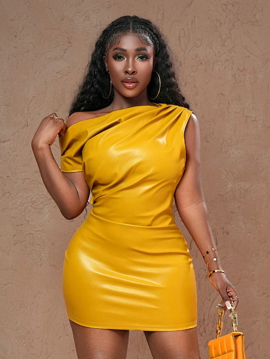 Slaydiva New Sexy Daily Date Party Oblique Shoulder Pleated Slim Mini Skirt On Both Sides Yellow ... | SHEIN