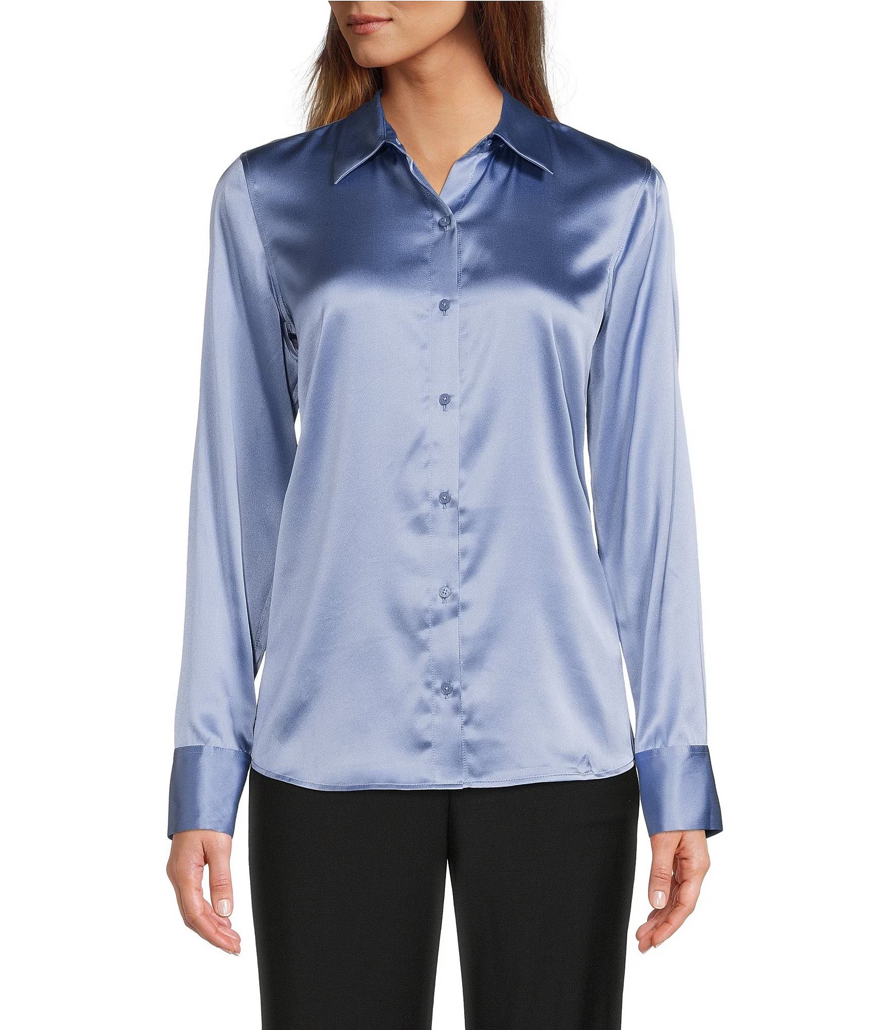 Yana Button Front Point Collar Long Sleeve Stretch Silk Charmeuse Blouse | Dillard's