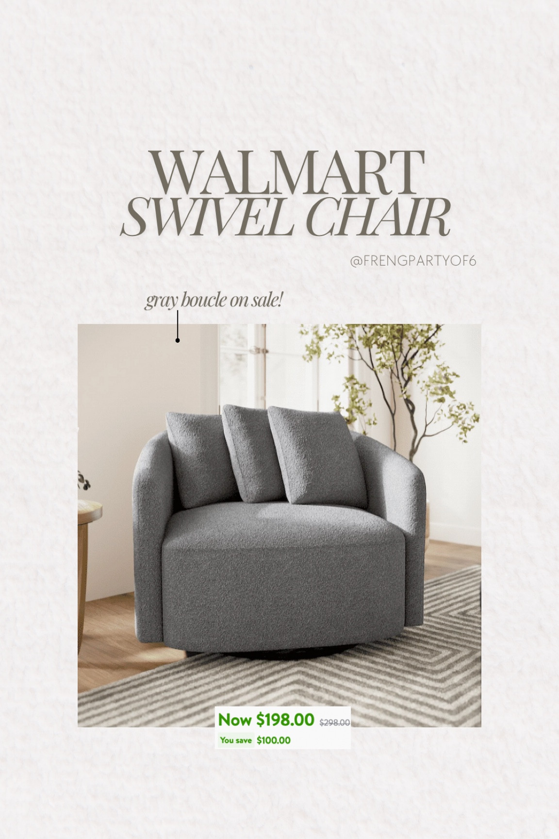 The viral Walmart swivel chair is on sale in this gray boucle fabric! 

#LTKHome #LTKSaleAlert