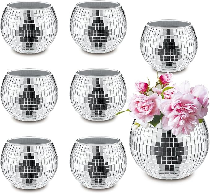 8 PCS Silver Disco Ball Vase,Glass Disco Ball Planter Candle Holder Vase Bulk Mirror Disco Ball F... | Amazon (US)