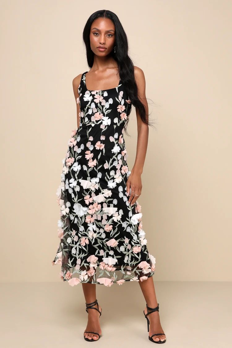 Elite Cutie Black Mesh 3D Floral Embroidered Midi Dress | Lulus