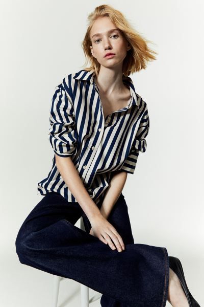 Striped Cotton Shirt - Dark blue/Striped - Ladies | H&M US | H&M (US + CA)