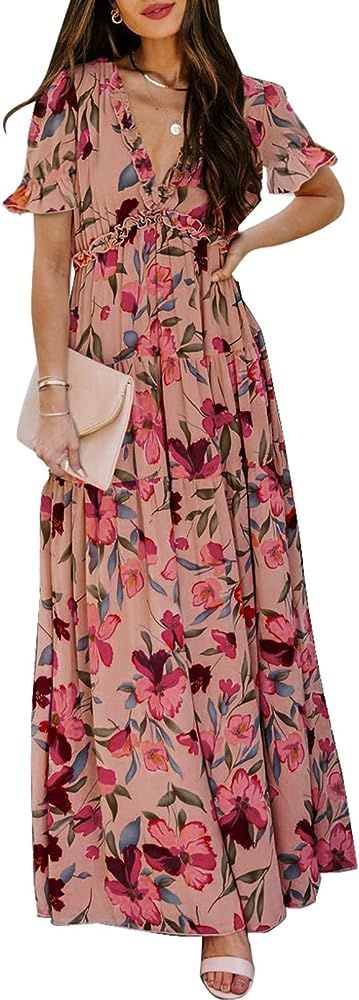 Bdcoco Womens Casual Floral Print Plunge Neck Maxi Dresses Long Sleeve Evening Cocktail Dress | Amazon (US)