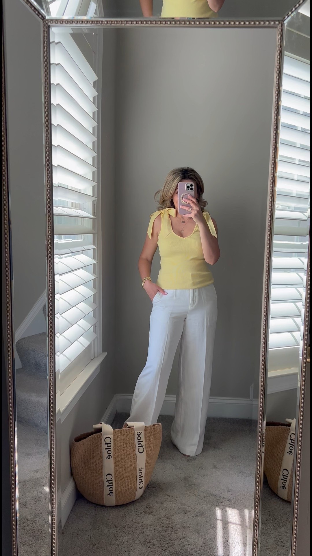 Yellow top with shoulder ties available in multiple colors, wide leg white linen pants. Wearing size 4 regular pants and XS top for reference. 

#ltkwatchnow #ltkseasonal #ltkover40

#LTKSaleAlert #LTKStyleTip #LTKWorkwear