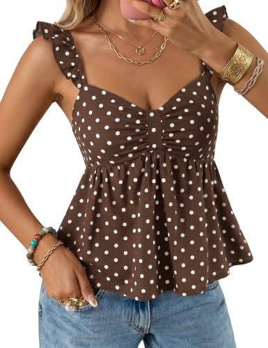FOMELY Women's Polka Dot Top Cute Summer Going Out Tops V Neck Sleeveless Ruffle Hem Y2K Peplum Babydoll Tops Brown | Amazon (US)