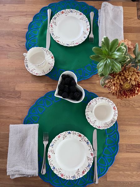 Breakfast for two in style! I used the round green and blue placemat, but it’s no longer available. But I’m suggesting the dark blue instead that comes with the  matching napkins 

#LTKstyletip #LTKhome #LTKfamily