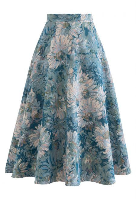 Marguerite Oil Painting Jacquard Midi Skirt | Chicwish