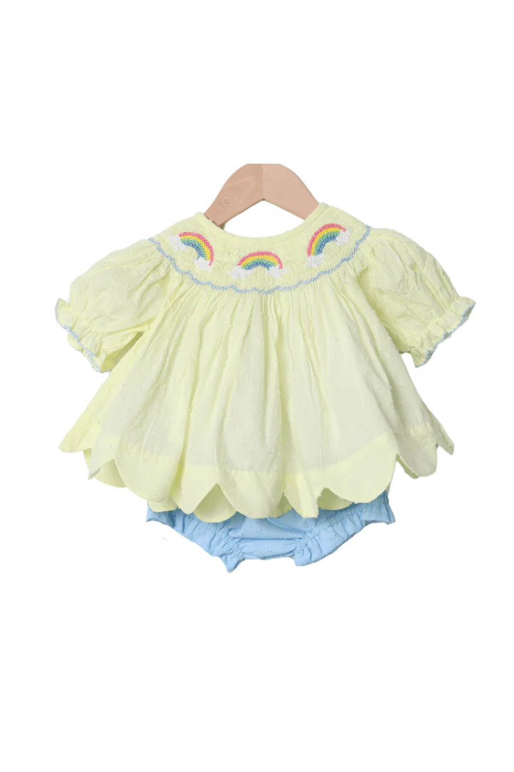 Smocked Yellow Swiss Dot Rainbow Bloomer Set | The Smocked Flamingo