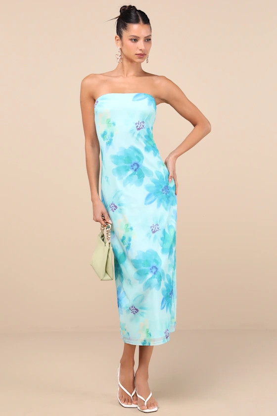 Jaylah Aqua Blue Floral Mesh Strapless Midi Dress | Lulus