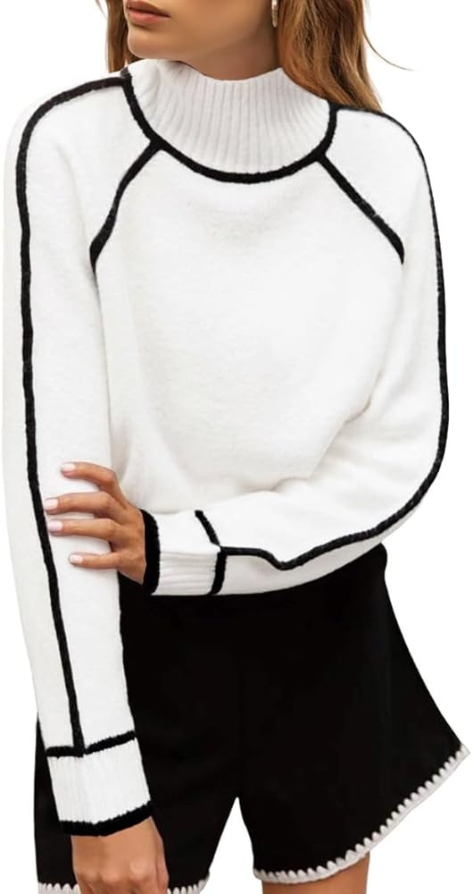 MEROKEETY Women's Mock Neck Pullover Sweater Long Sleeve Color Block Chunky Knit 2024 Trendy Wint... | Amazon (US)