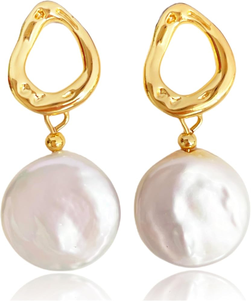 Baroque pearl earrings for Women cultured freshwater Pearl stud round hoop statement earrings 14K... | Amazon (US)