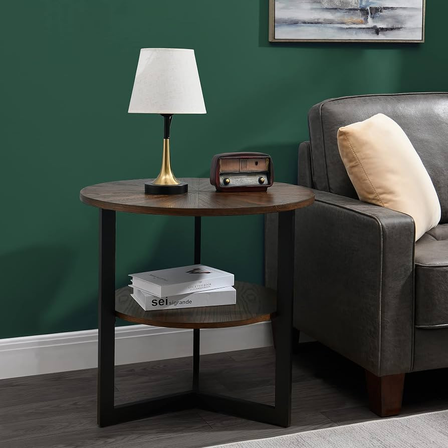 MODERION Large End Table with Storage Shelf Rustic Circular Sofa Side Table with Black Metal Legs... | Amazon (US)