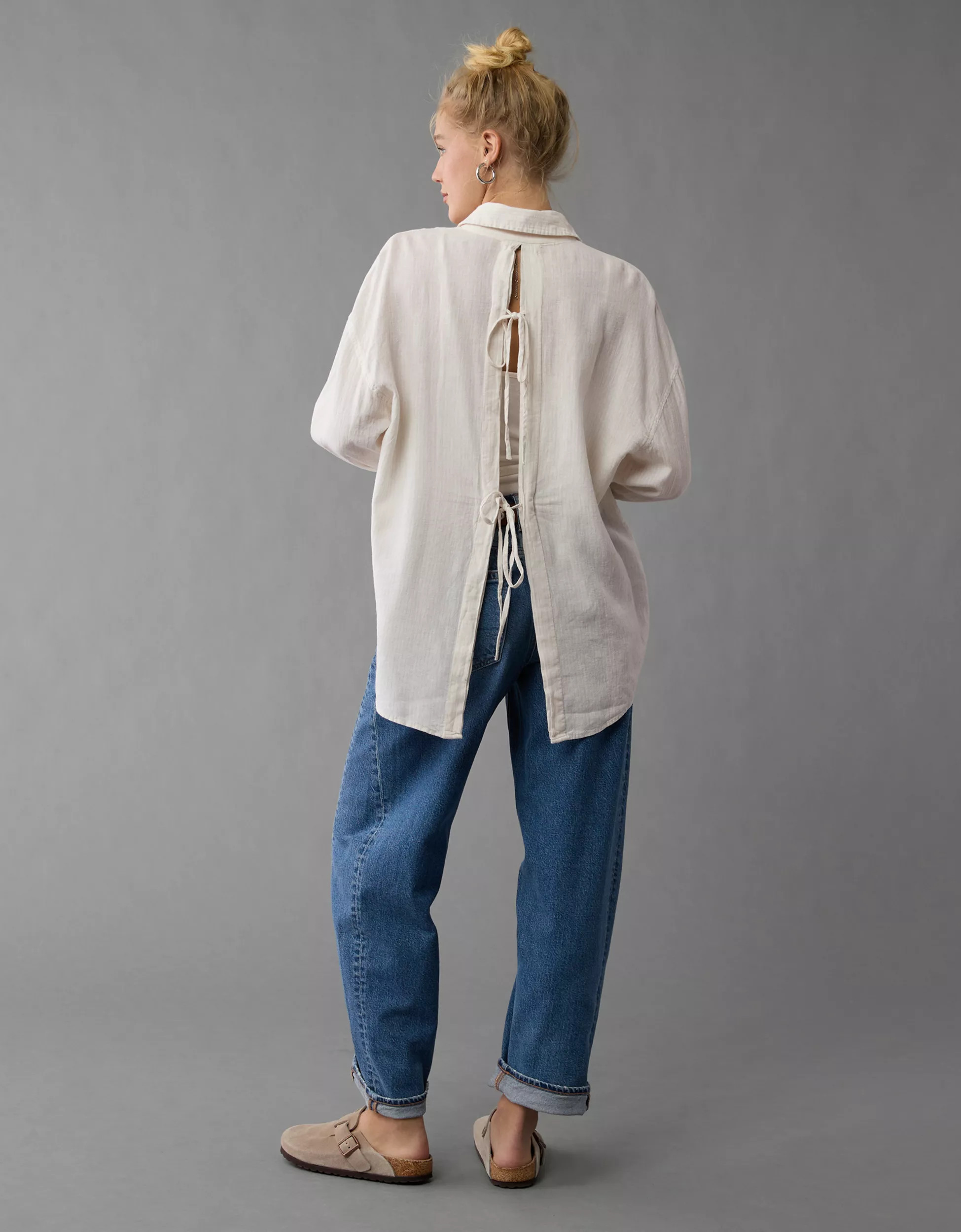 AE Linen-Blend Long-Sleeve Button-Up Tie Back Shirt | American Eagle Outfitters (US & CA)