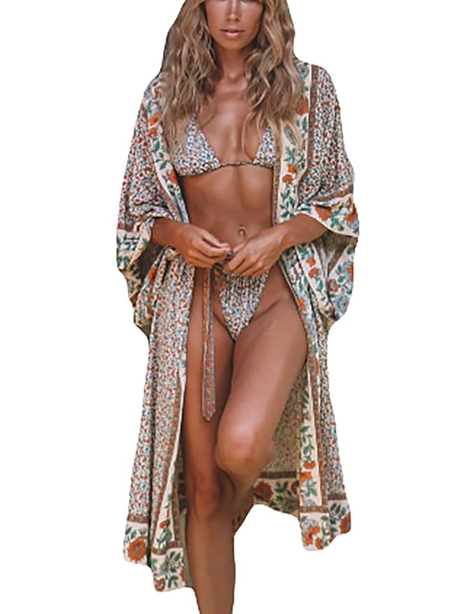 Bsubseach Womens Chiffon/Rayon Beach Blouses Kimono Cardigan Long Bikini Cover Up | Amazon (US)