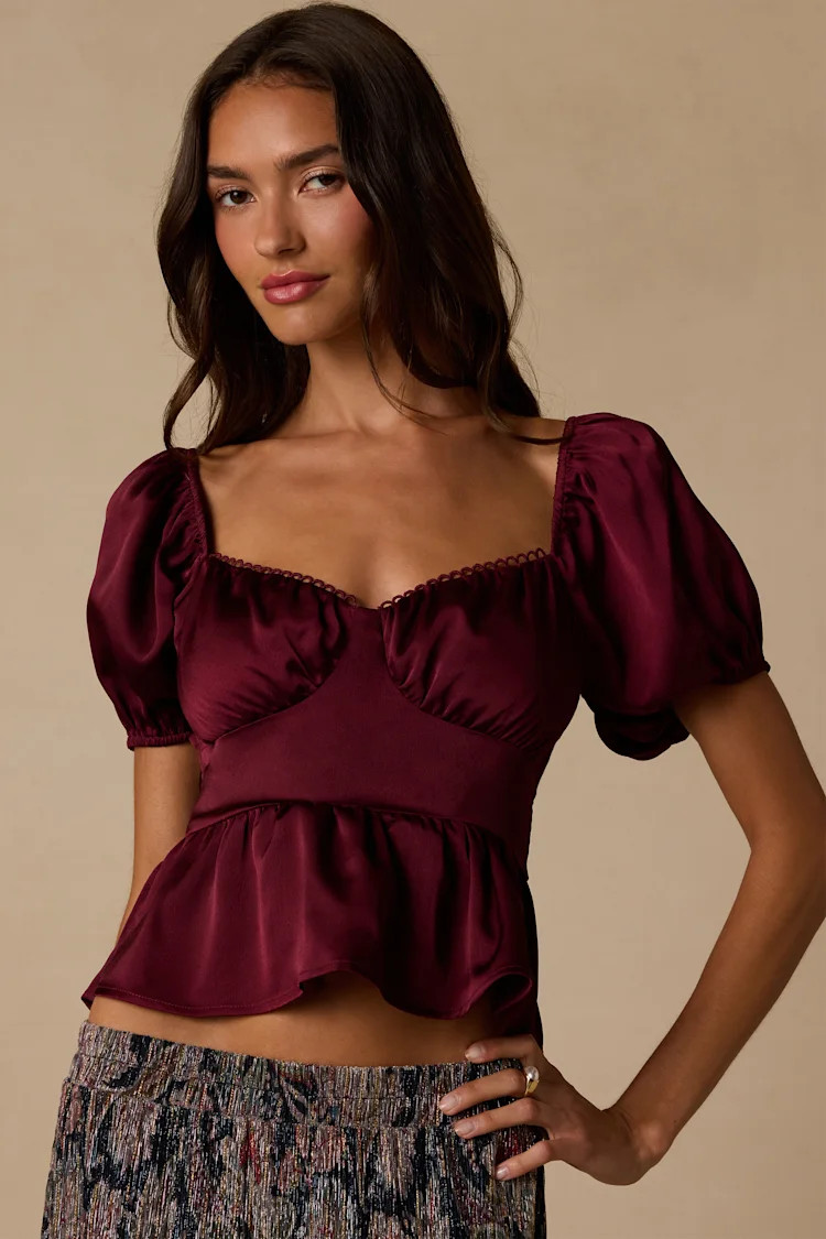 Romi Burgundy Satin Puff Sleeve Peplum Top | Lulus