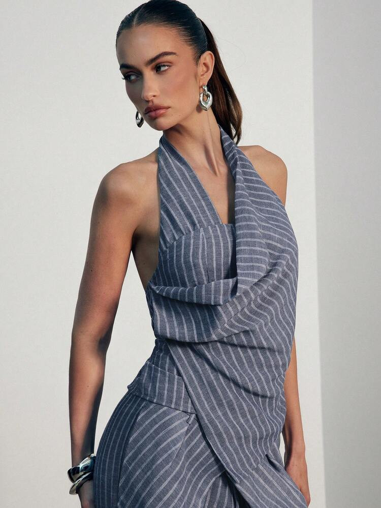 Hauture Women's Sleeveless Ruched Backless Striped Elegant Blouse, Old Money, Sophisticated Top, ... | SHEIN