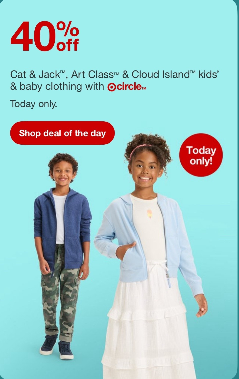40% off TODAY ONLY kids clothes at Target! 



#LTKSaleAlert #LTKKids #LTKFamily