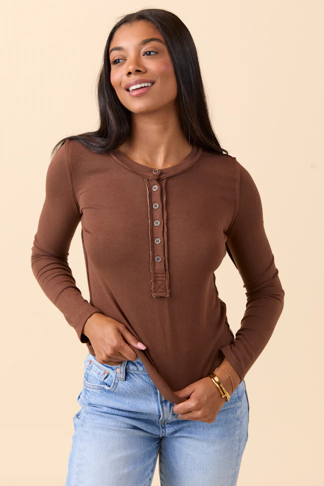 McClaine Chocolate Long Sleeve Henley | Pink Lily