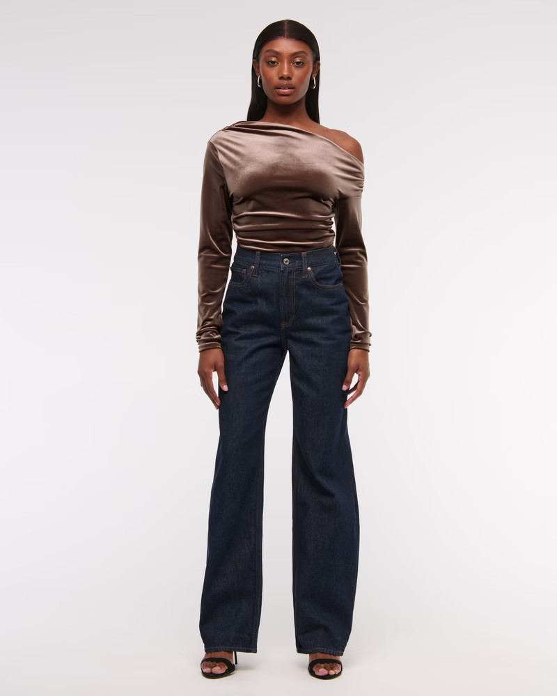 Long-Sleeve Velvet Asymmetrical Draped Top | Abercrombie & Fitch (US)