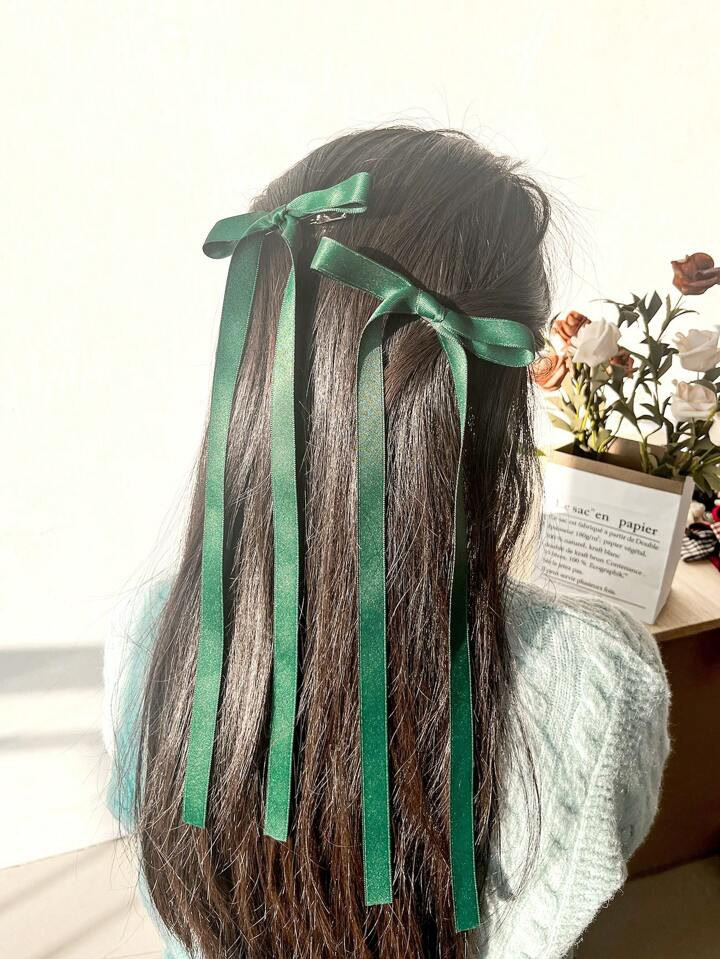 2pcs Simple Bowknot Long Ribbon Hair Clips, All-Match Style | SHEIN