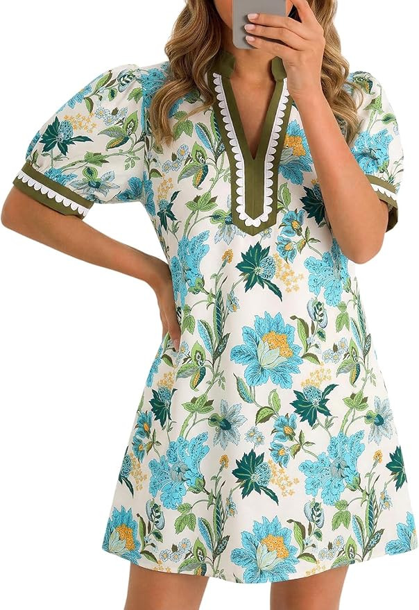 Wenrine Womens Summer Mini Dress Casual Floral Puff Sleeve V Neck Color Block Loose Boho Beach Dr... | Amazon (US)