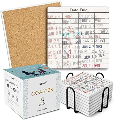 Teivio Square Absorbing Stone Coasters with Retro Library Due Date Card Design for Drinks, Cork B... | Amazon (US)