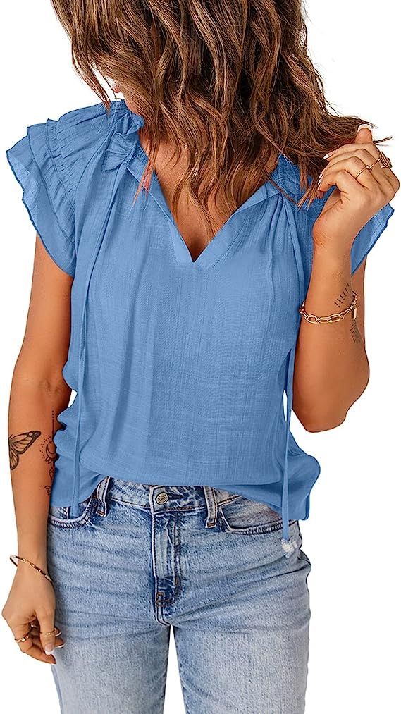 luvamia Women's Summer Casual Blouse V Neck Tunic Shirts Ruffle Cap Sleeve Tops | Amazon (US)