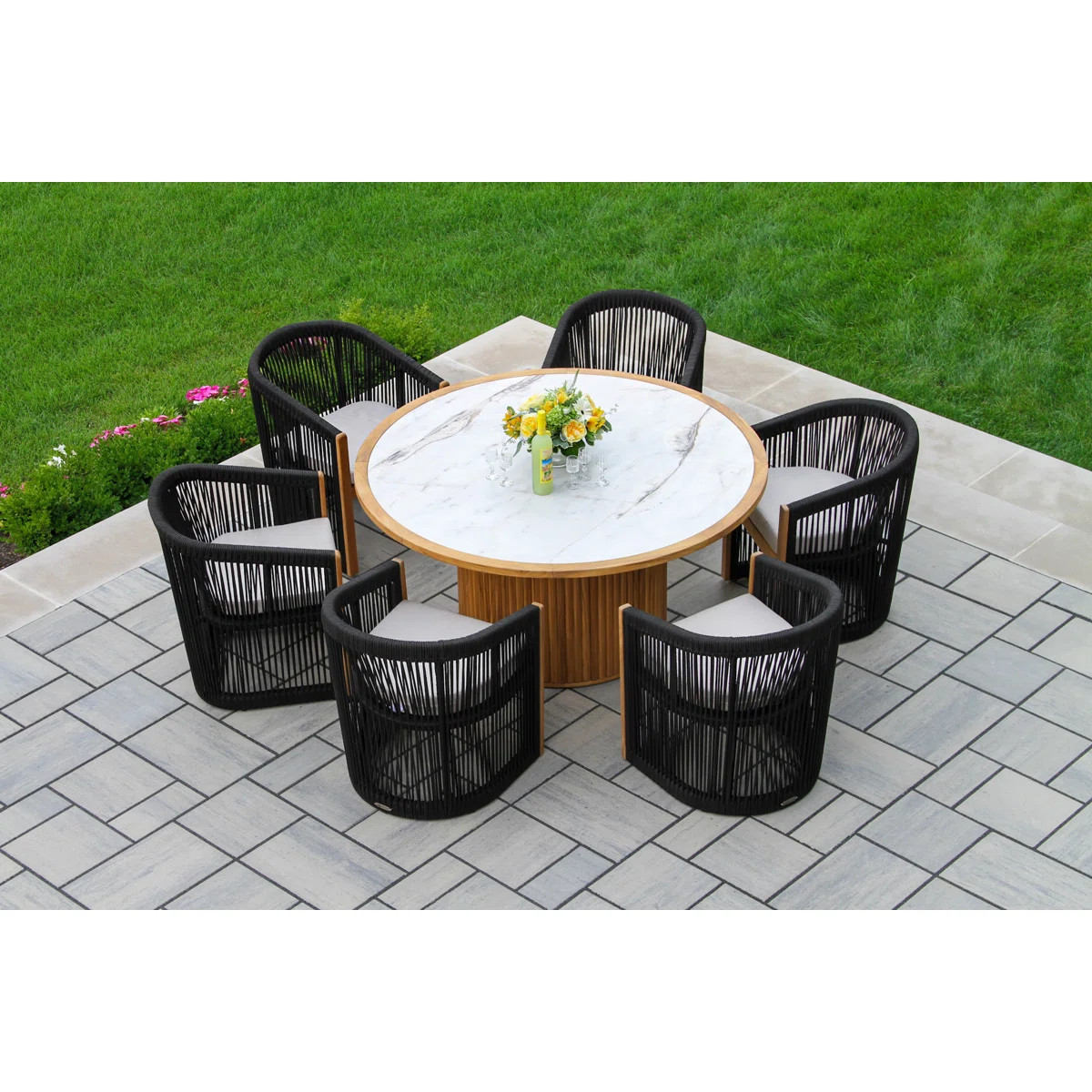 Aniston 7 Pc. Round Teak & Stone Dining Set With Black Rope Dining Chairs | Wayfair North America