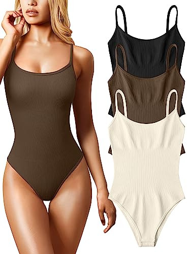 OQQ Women's 3 Piece Bodysuits Sexy Ribbed Sleeveless Adjustable Spaghetti Strips Tops Leotard 2025 Summer Black Coffee Beige | Amazon (US)
