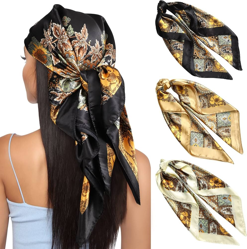 AWAYTR 35” Large Square Satin Head Scarf - 3Pcs Satin Hair Scarves Silk Bandana Scarf Headscarf... | Amazon (US)