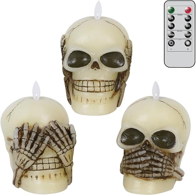 Eldnacele Halloween Flameless Flickering Candles with Remote Handmade Skull Figurine Set of 3 Bat... | Amazon (US)