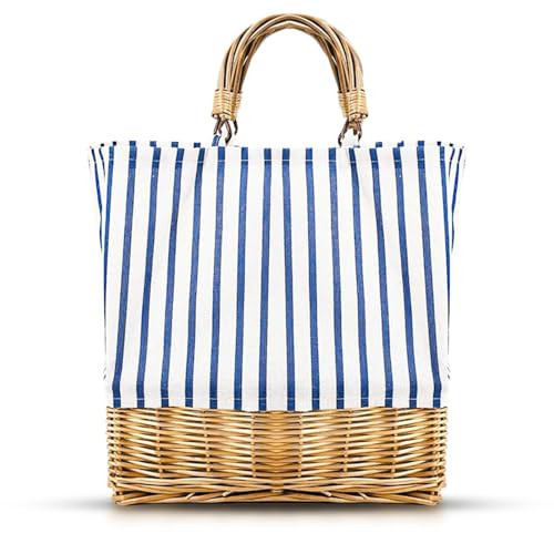 QTKJ Women's Blue Stripe Bohemian Beach Tote Bag, One Size, Square, Trapezoid, Straw & Linen, Lightweight, Summer, No Closure, Shoulder Strap | Amazon (US)
