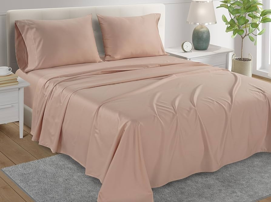 Egyptian Cotton King Size Bed Sheets - 4PC Pink Sateen Weave Set, Deep Pocket Fitted Sheet & Pill... | Amazon (US)