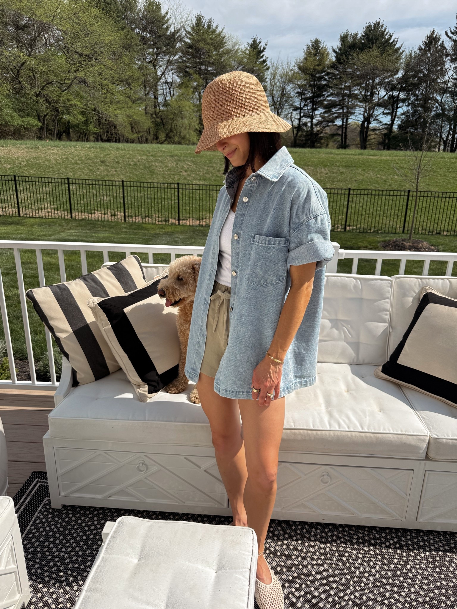 spring outfit! wearing size XS in shorts, denim jacket is older Parke - linking the latest style! 