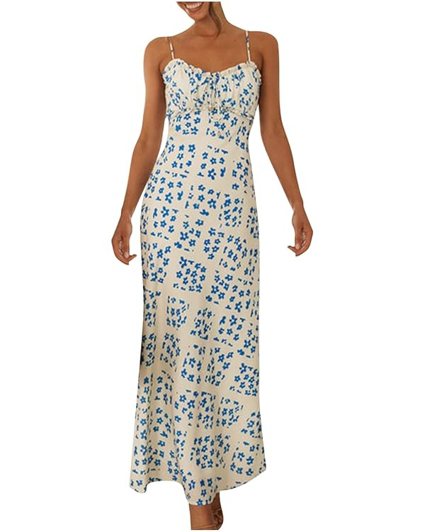 Womens Pleated Flowy Long Dress Belted A-Line Dress Summer Vacation Beach Long Dress Wedding Gues... | Amazon (US)