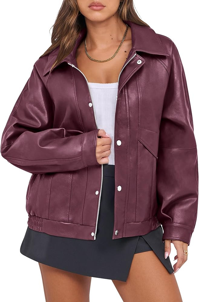 ANRABESS Women Faux Leather Jacket Long Sleeve Button Down Zip Up Motorcycle Biker Coat Fall Outf... | Amazon (US)