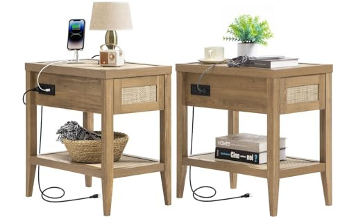 SICOTAS Rattan Nightstands Set of 2 - Boho Night Stand with Type-C Charging Station & Rattan Draw... | Amazon (US)