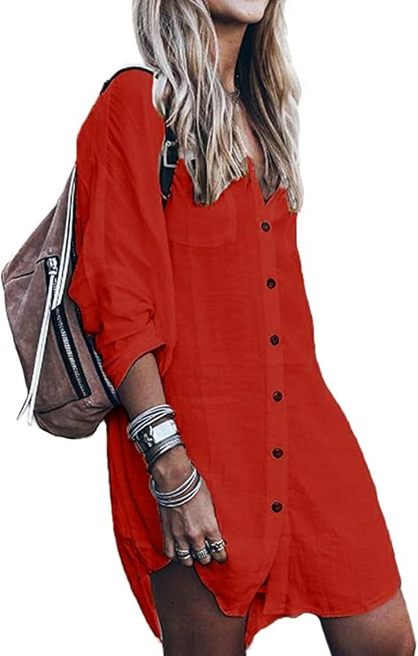 POGTMM Women's Swimsuit Cover Up Summer Beachwear Button Down Shirt Bikini Bathing Suit Beach Cov... | Amazon (US)