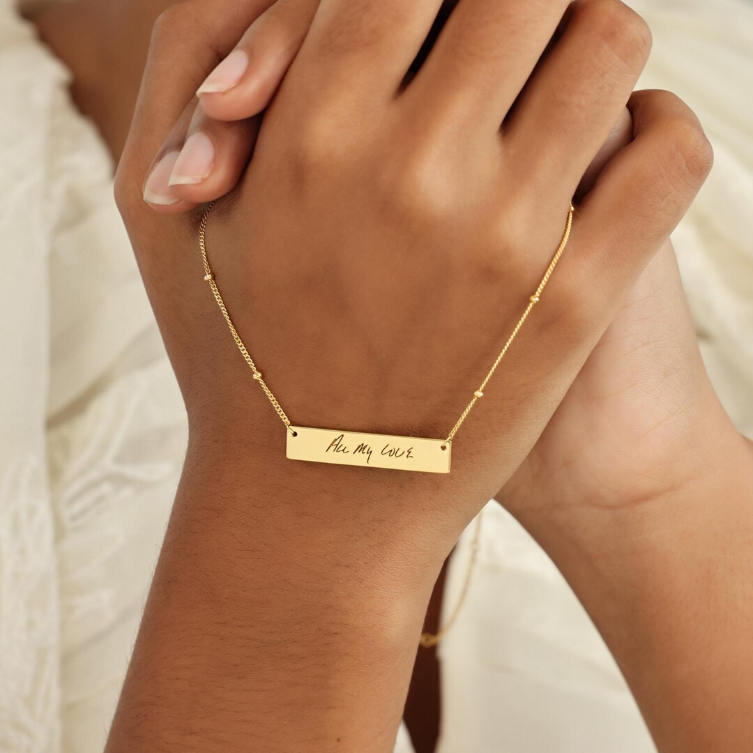 Horizontal Handwriting Bar Necklace Actual Handwriting Necklace Memorial Gift Gift for Dad Gift f... | Etsy (US)