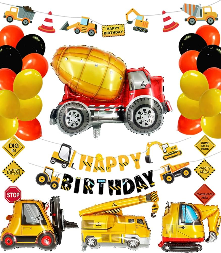 Construction Birthday Party Supplies Dump Truck Party Decorations Kits Set with 4 Foil Balloons, Balloons Garland, Happy Birthday Banner, Vehicle Banner, Traffic Signs for Kids Birthday Party | Amazon (US)