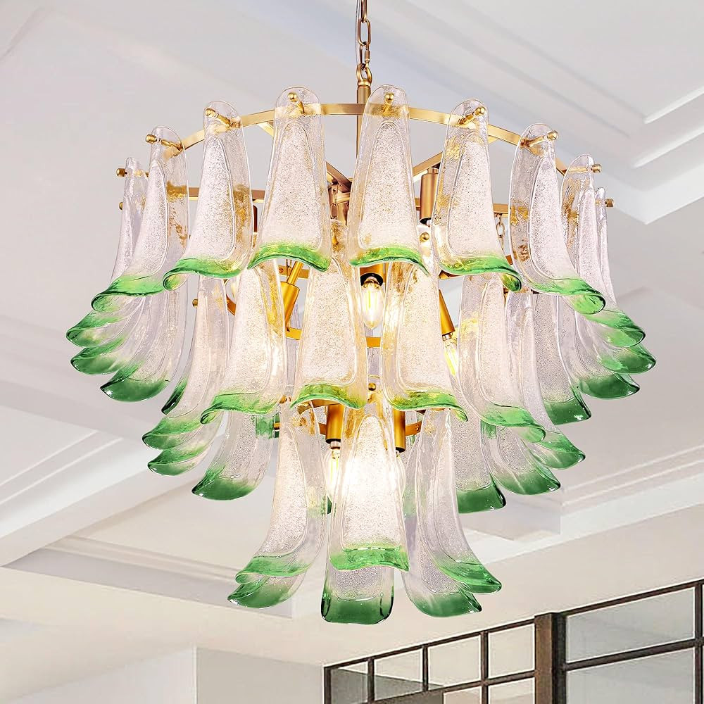 TOCHIC Mid Century Modern Chandelier Light Fixture, Gold Tiered Green Glass Chandelier for High C... | Amazon (US)