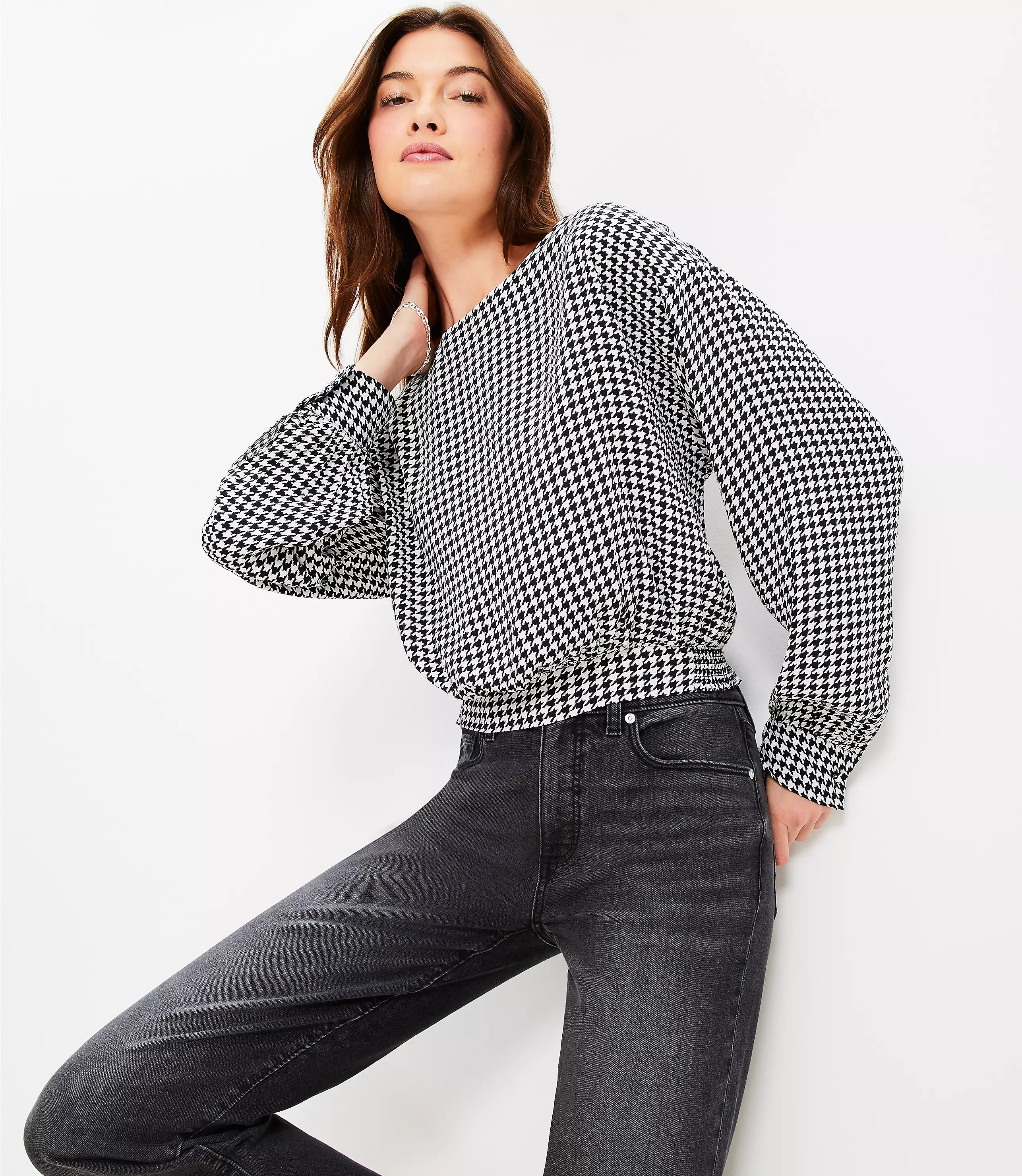 Houndstooth Bubble Hem Blouse | LOFT