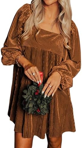 miduo Womens Loose Fit Square Neck Long Sleeve Velvet Mini Babydoll Dresses Shift Dress | Amazon (US)