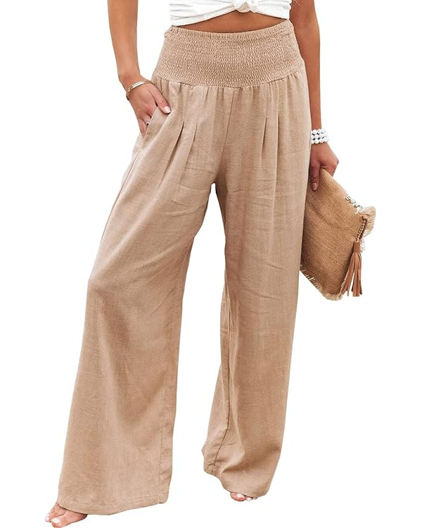Women Cotton Linen Pants Loose Beach Elastic High Waist Casual Wide Leg Palazzo Yoga Lounge Trous... | Amazon (US)