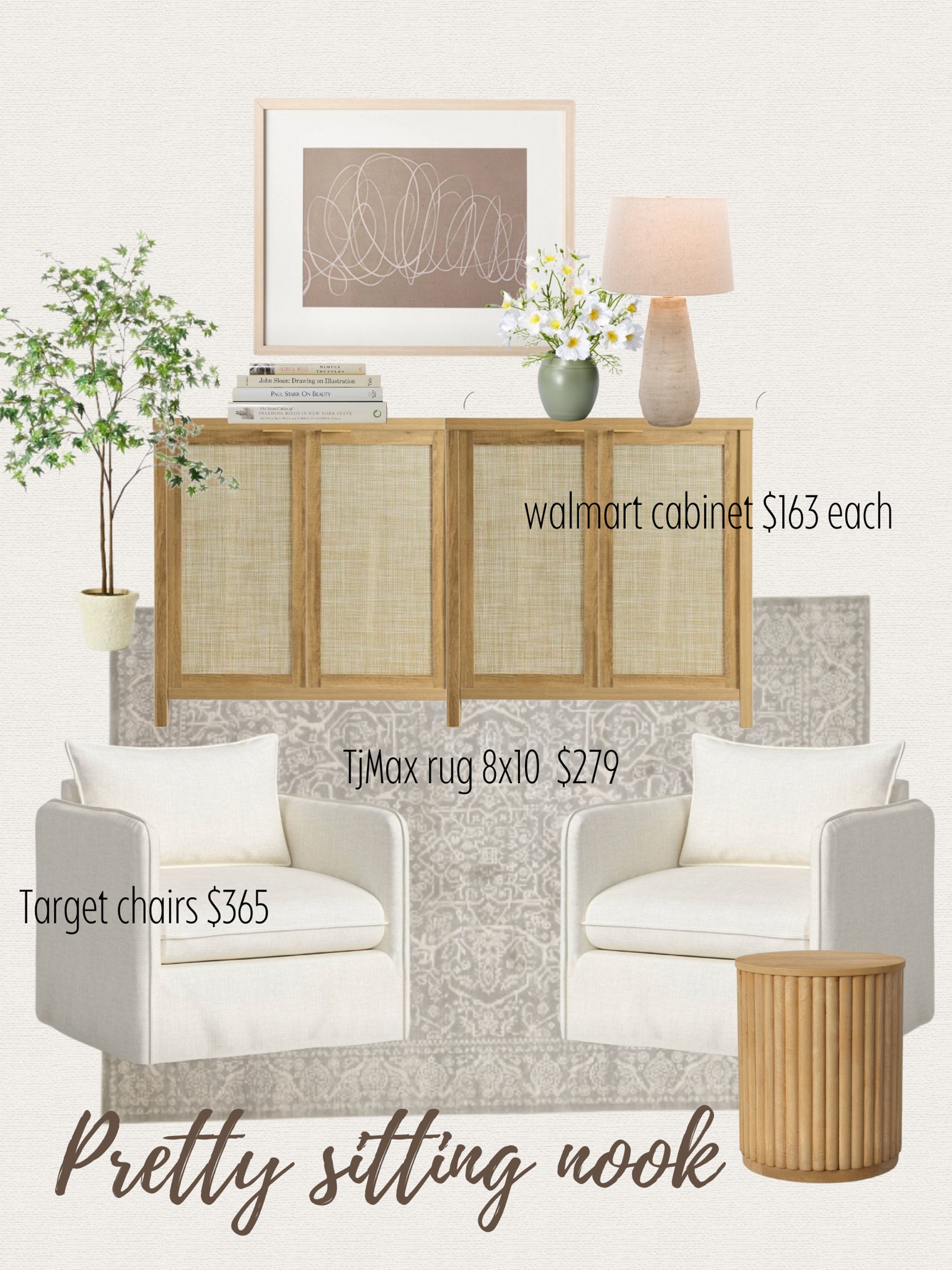 Sitting room decor
Place two of these pretty cabinets together to make a console table.
This neutral rug is such a good price for 8x10. Target, Walmart, TJmax 
Styling on a budget 